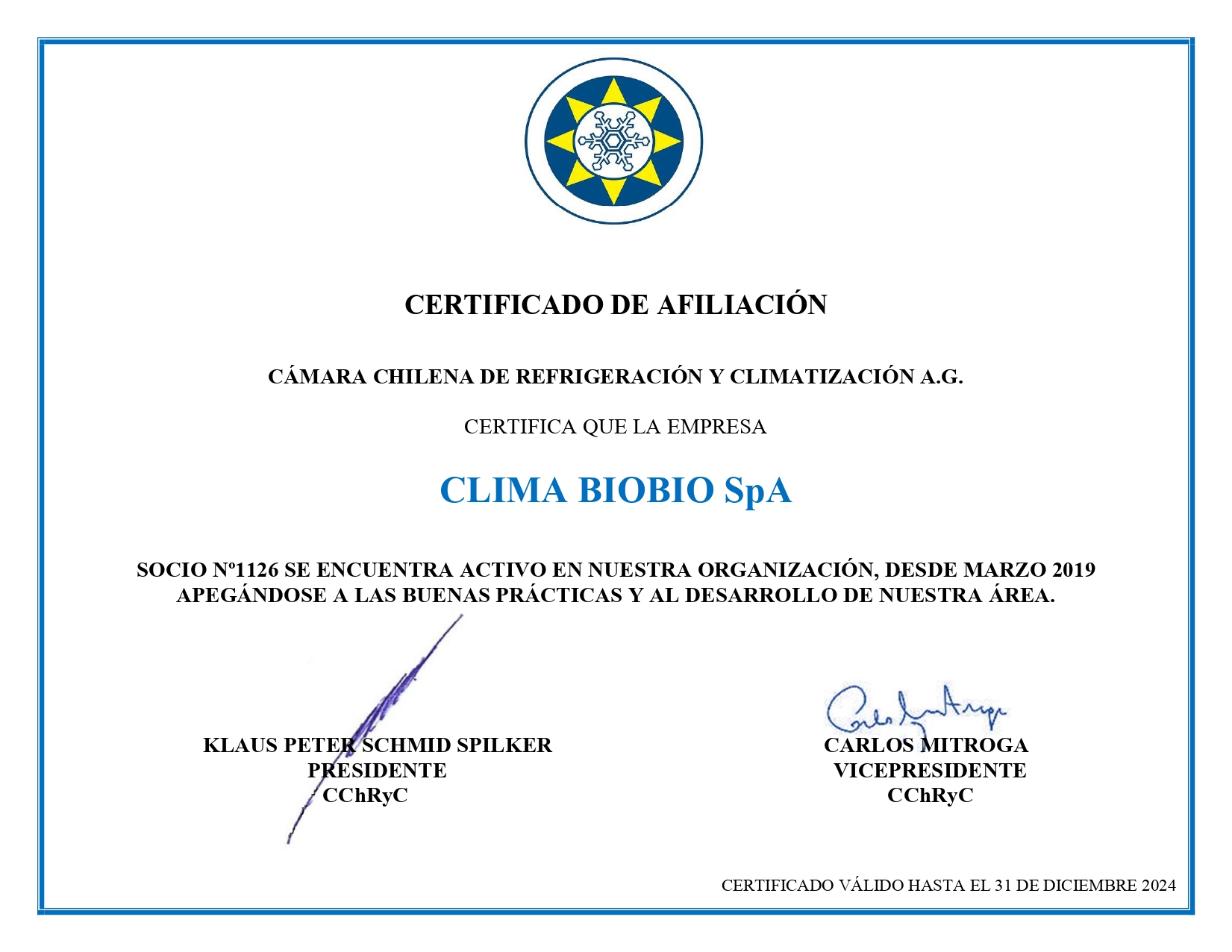 Certificado Cámara Chilena de la Refrigeración y Climatización